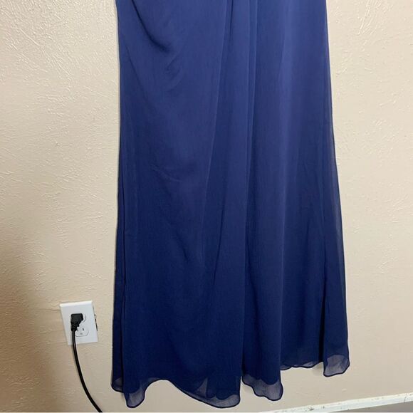 Davids Bridal faux wrap pleated chiffon maxi v neck dress marine navy - Picture 4 of 14